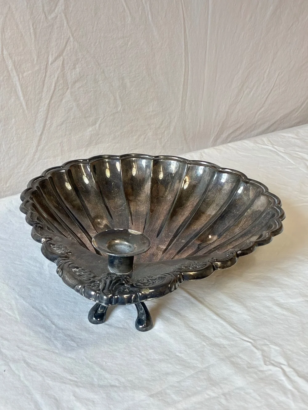 Vintage Silver Shell Shaped Candle Holder with Ornate Detailing 12 inch